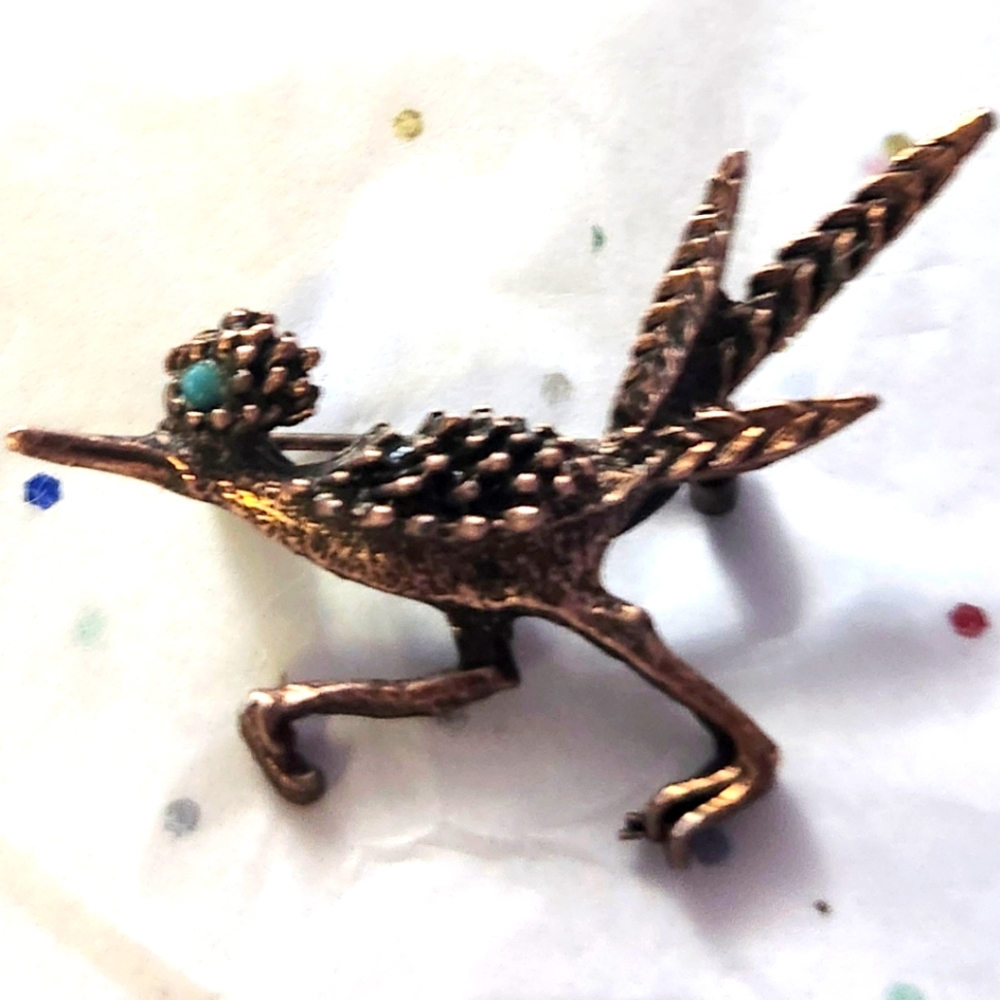 Vtg Solid Copper Turquoise Eye Roadrunner Bird Pi… - image 1